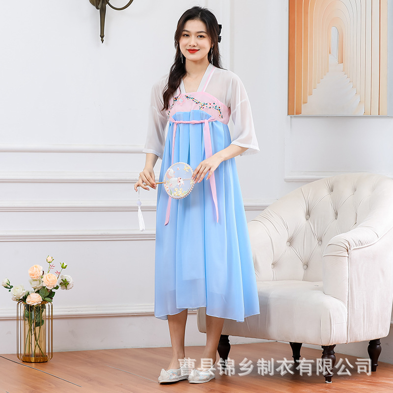 Improved Hanfu Dress Spring and Summer New Girl Student Embroidered Ancient Style Fairy High Waist Half Sleeve Han Elements Long Dress