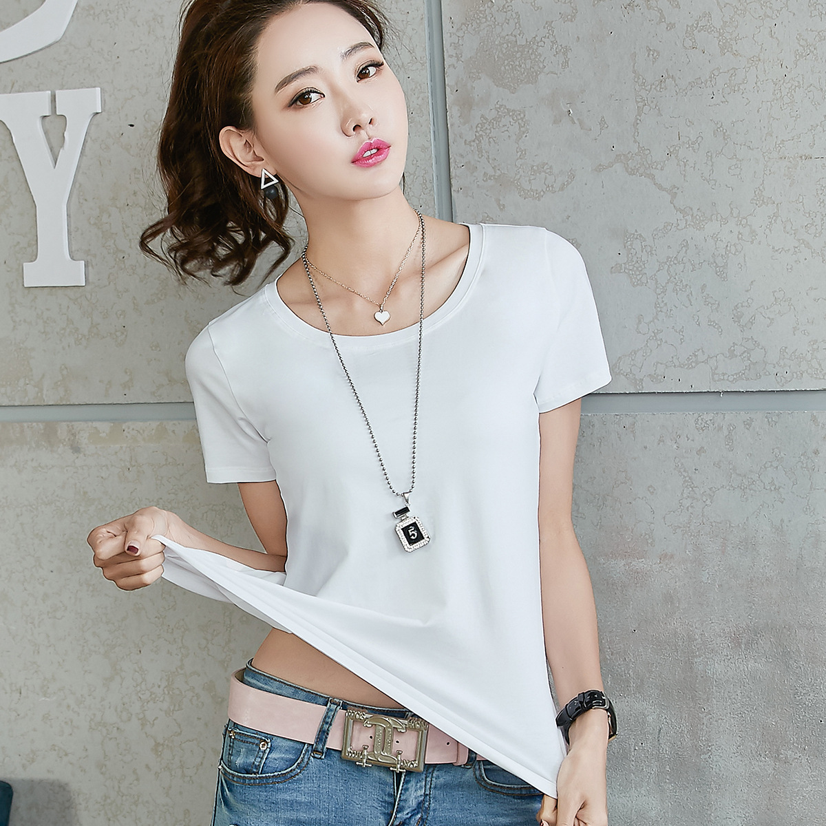 2023 Summer New Large Size Women's Student T-shirt Base Shirt Solid Color Short-Sleeved T-shirt Women's Top Hair 88830
