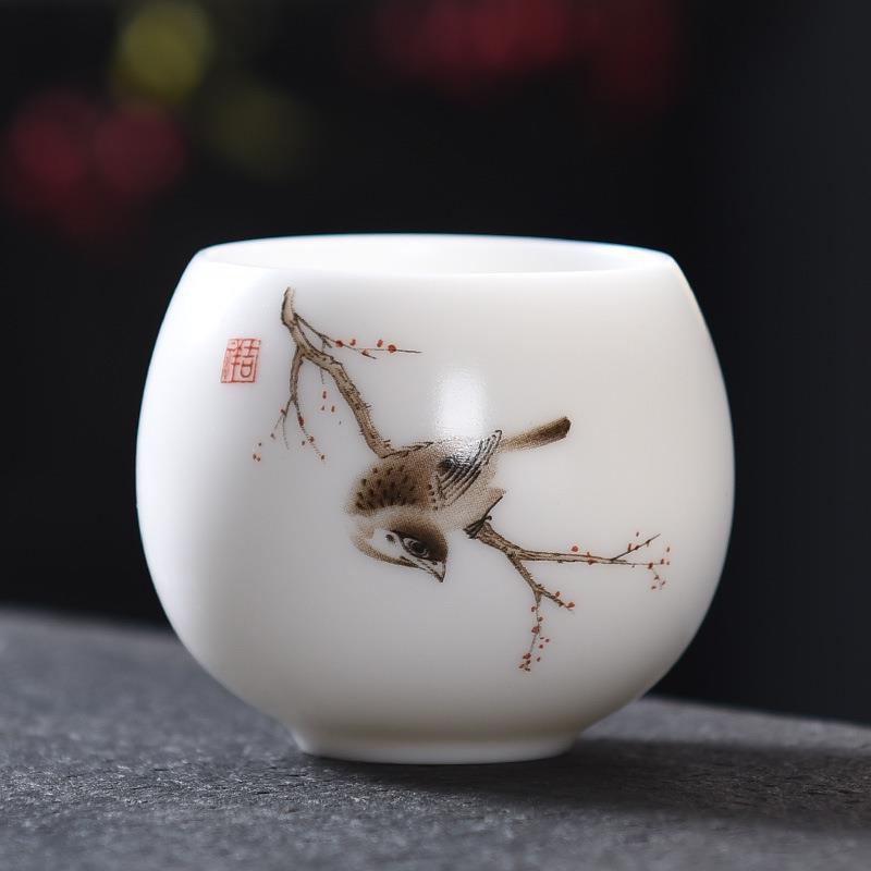 素烧羊脂玉瓷茶具主人杯品茗杯绘图罗汉杯个性定白瓷茶杯
