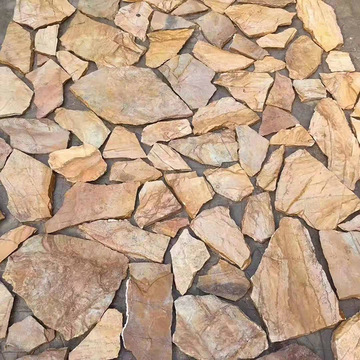 黄色不规则碎拼石板庭院铺地乱型板页岩垒墙石广场农村外墙文化石