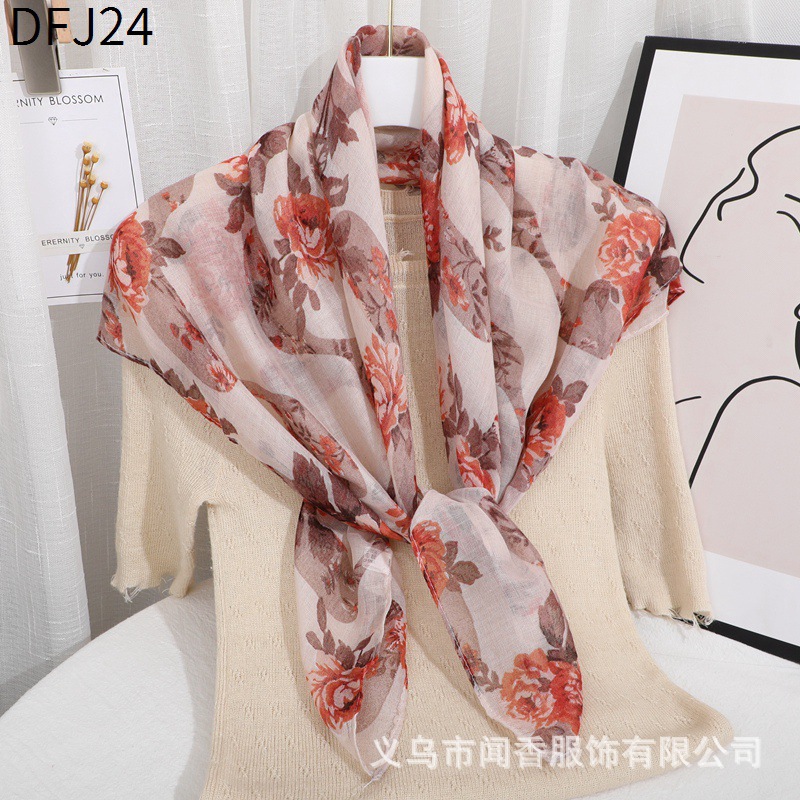 Autumn and Winter New Rose Printed Square Scarf 90cm Voile Cotton and Linen Feel Warm Thin Scarf Sun Protection Closed Head Scarf