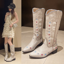 欧美时尚绣花靴子女中筒西部牛仔靴尖头低跟套脚女靴跨境外贸皮靴