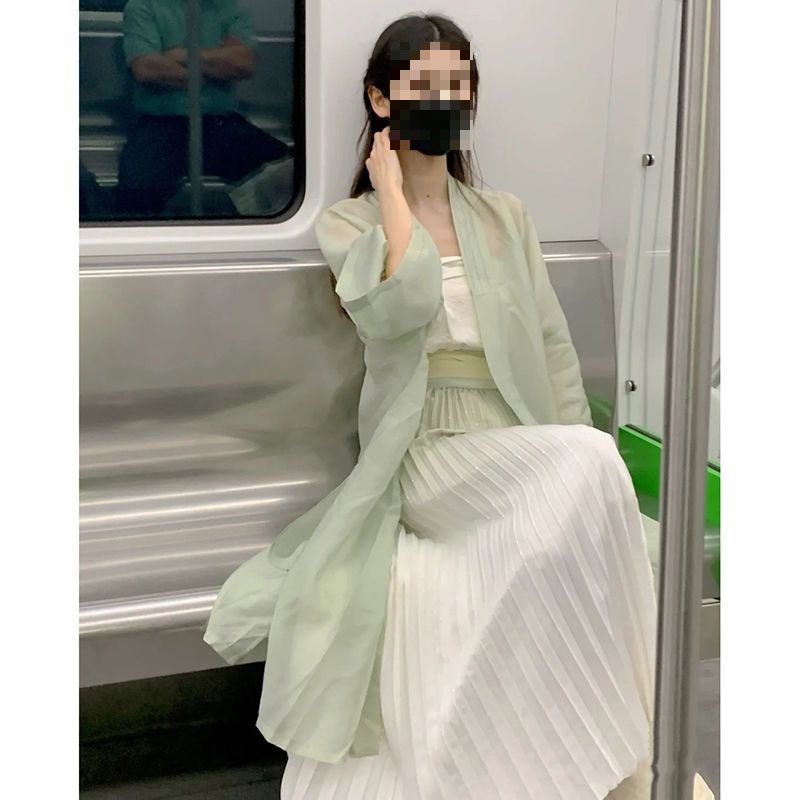 Improved Hanfu Women's Green Light Summer Thin Tang Cheoko Skirt Fairy Flowing Ancient Style Han Elements Chest-High Dress