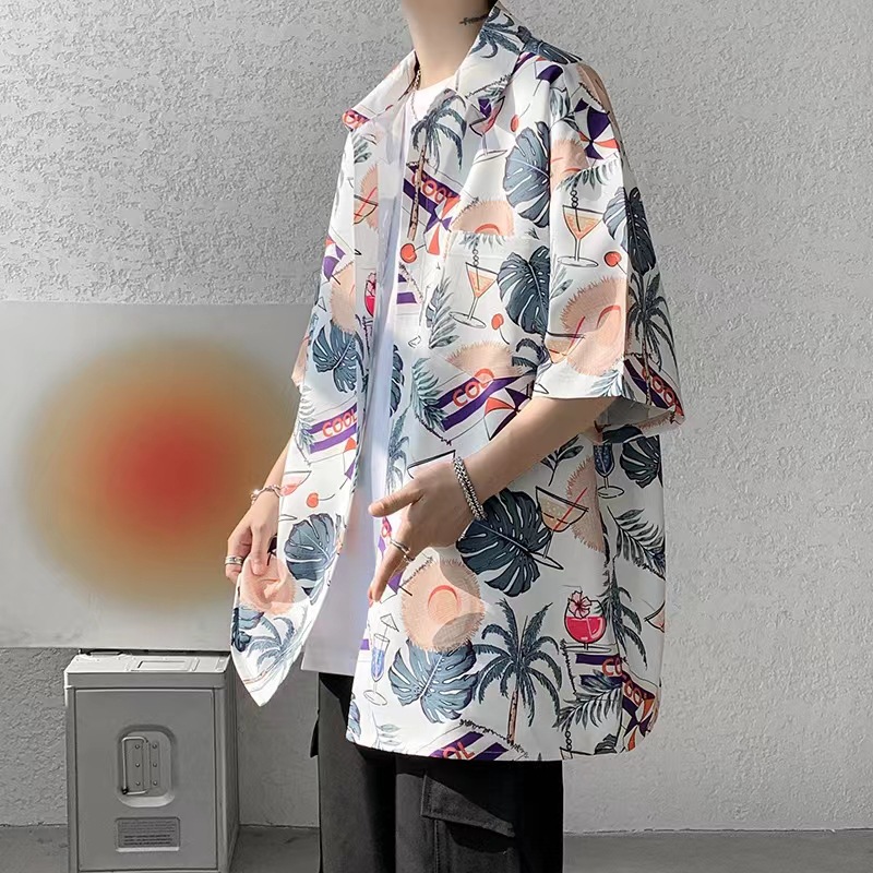 summer seaside holiday ice silk printed shirt men‘s short sleeve loose casual half sleeves clothes youth outer shirt cardigan