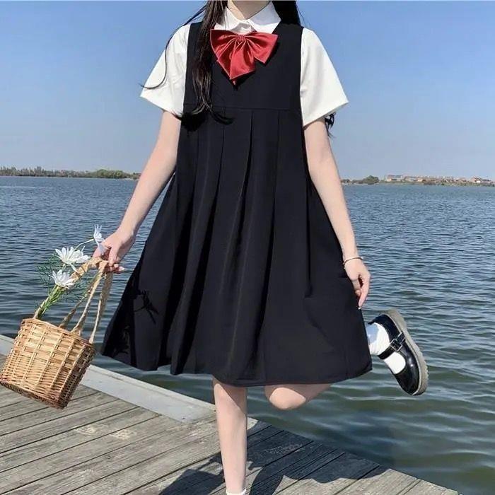 夏季日系软妹少女可爱jk制服百褶宽松学生t恤背心裙闺蜜装连衣裙