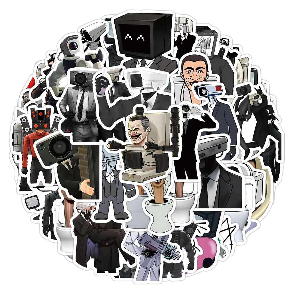 50张马桶人vs监控人涂鸦贴纸跨境装饰行李箱 手机壳防水贴画批发