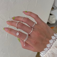 韩版S925银抽拉调节戒指女复古时尚花朵流苏链条指环食指戒潮