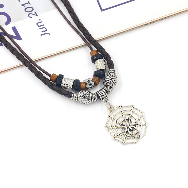 新款民族风项链饰品男款蜘蛛网吊坠复古元素饰品男士皮绳项链