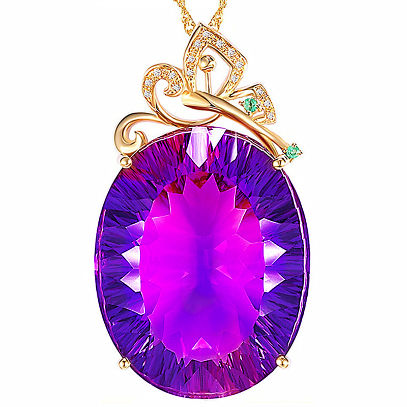 韩版大裸石紫水晶吊坠 天然紫黄晶镀18k玫瑰金镶钻镶嵌宝石挂坠