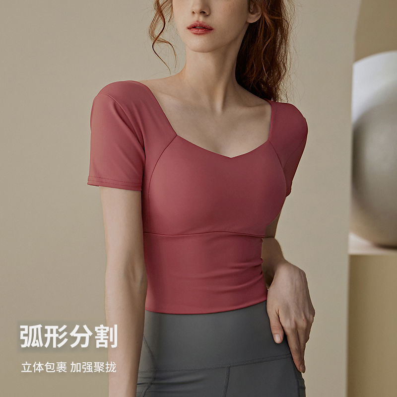 Summer New Yoga Wear Women's Short-Sleeved Slim Top with Chest Pad and Back Retro Square Collar Quick-Drying Running Sports