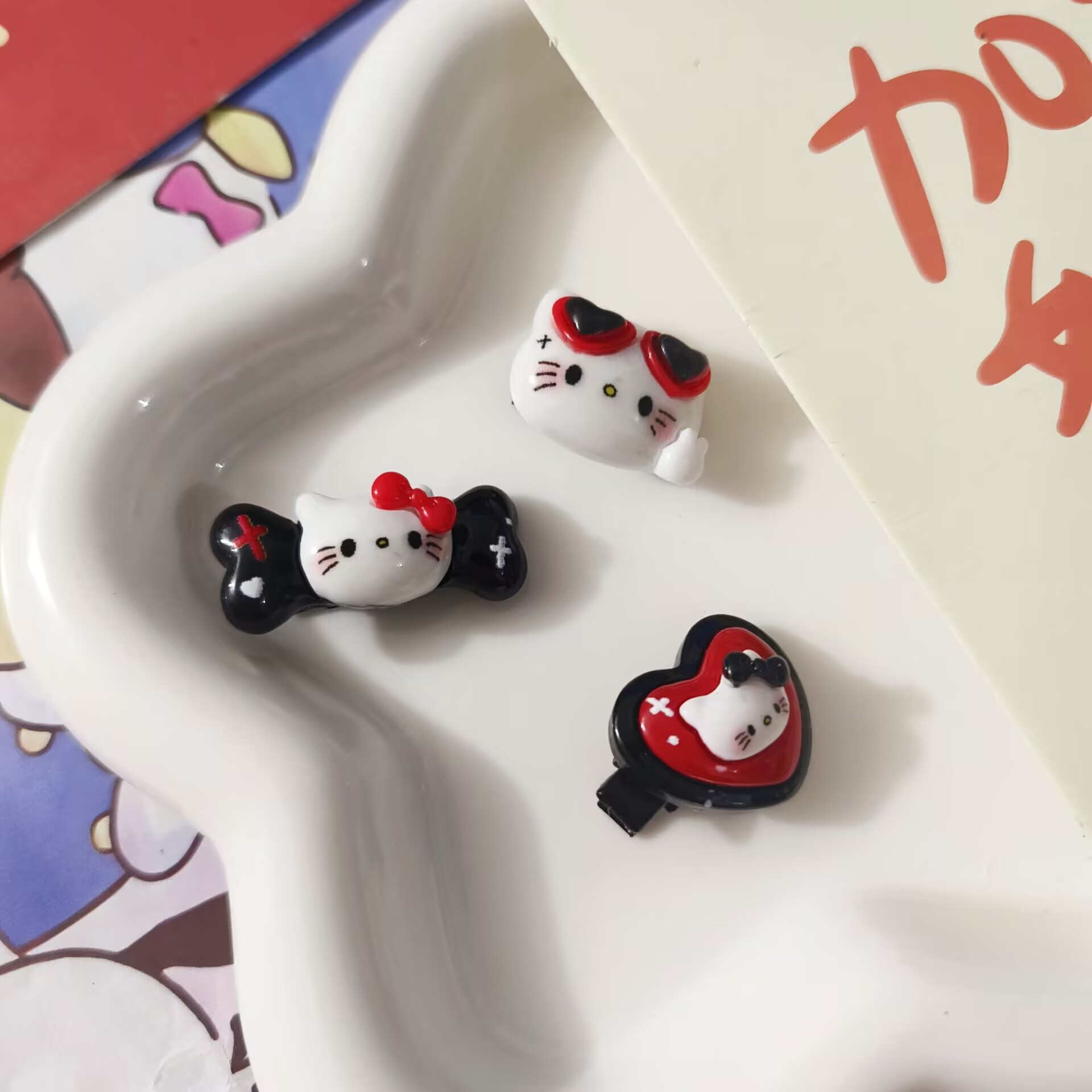 黑红猫咪爱心碎发发夹可爱甜美ins少女刘海夹碎发边夹多巴胺夹子