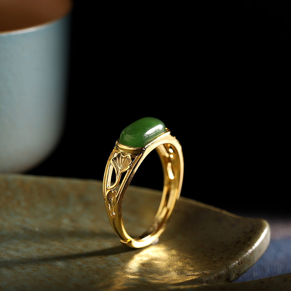 人品银品 s925银镀金小清新简约时尚和田碧玉女式开口马鞍戒