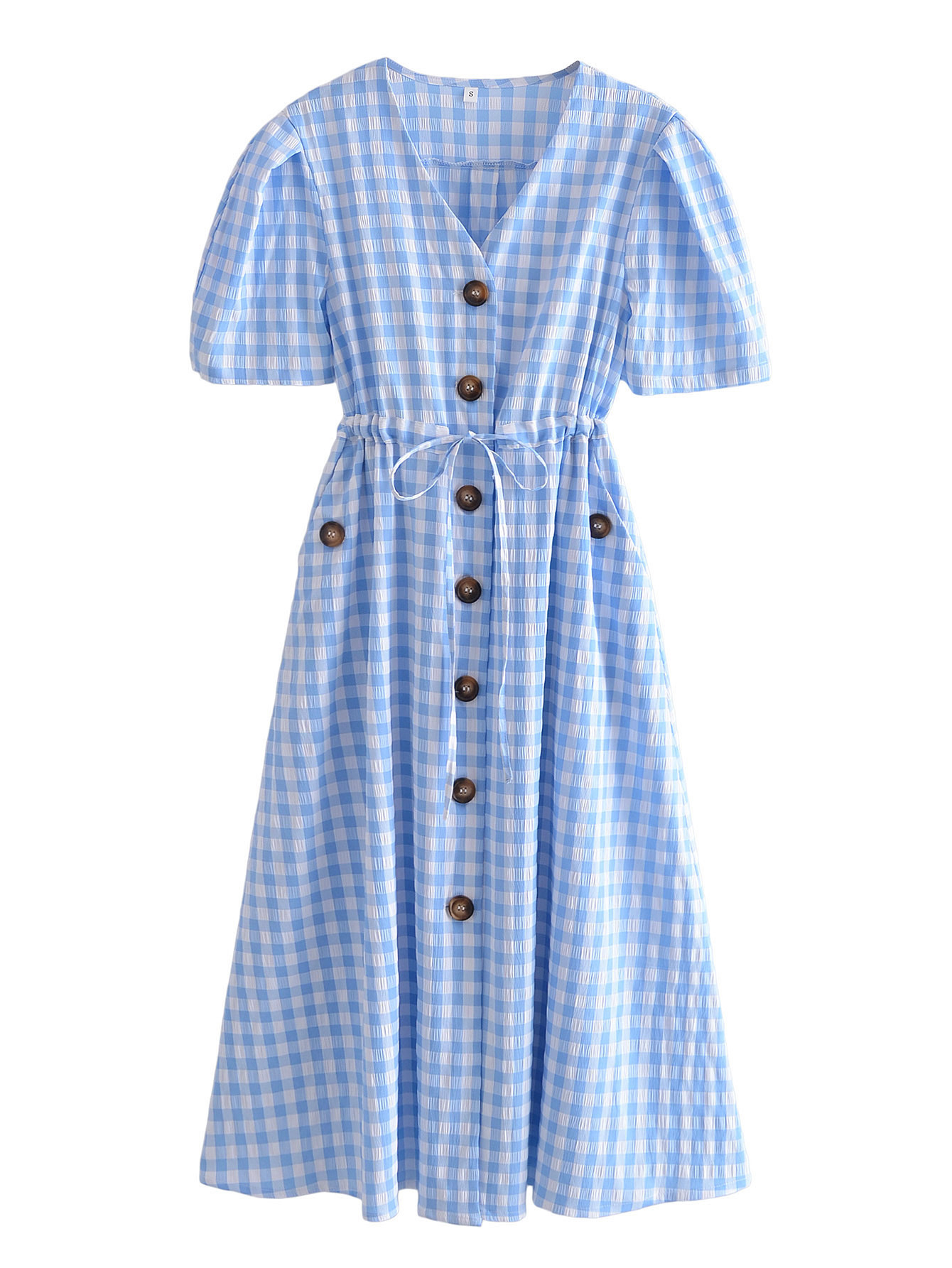 2022欧美风春女装新款蓝色格子系带连衣裙  60864