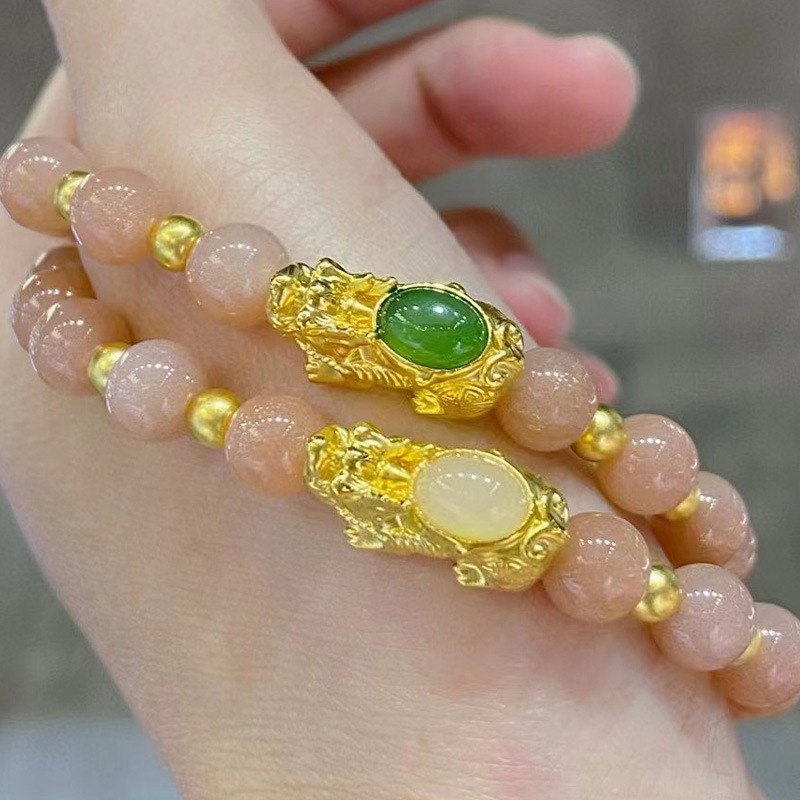 999足金貔貅手链女黄金镶和田玉手串3d硬金路路通转运珠生日送礼