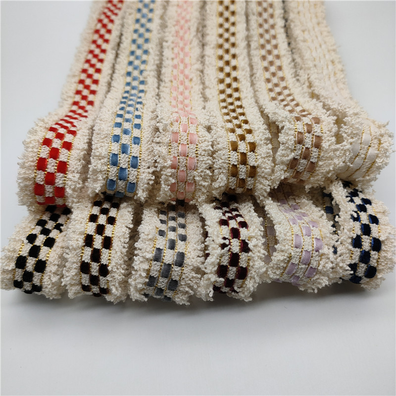 2cm小香风毛须方格丝绒穿绒花边织带三排绒金丝织带窗帘服装辅料