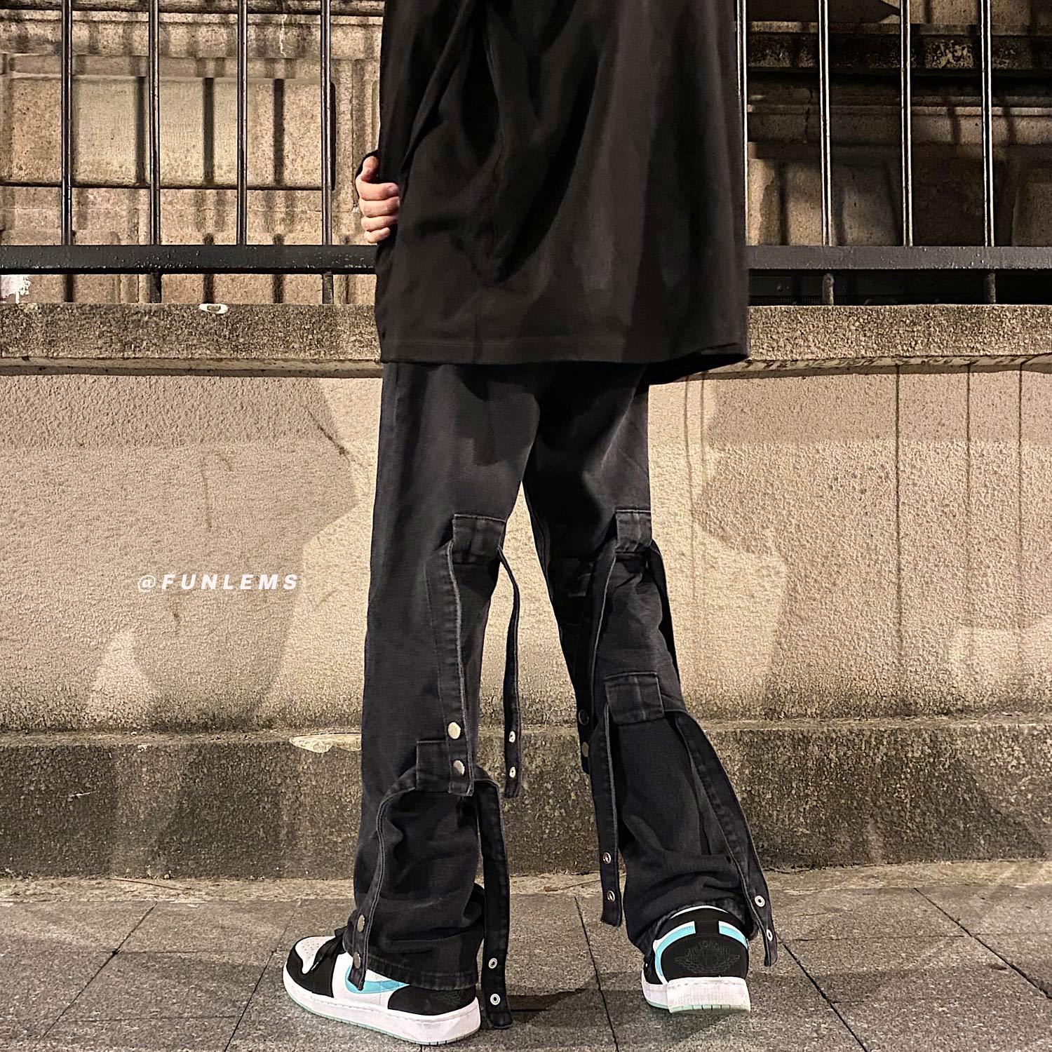 高街男装2022新款春季个性绑带牛仔裤男街头休闲直筒裤潮流长裤男