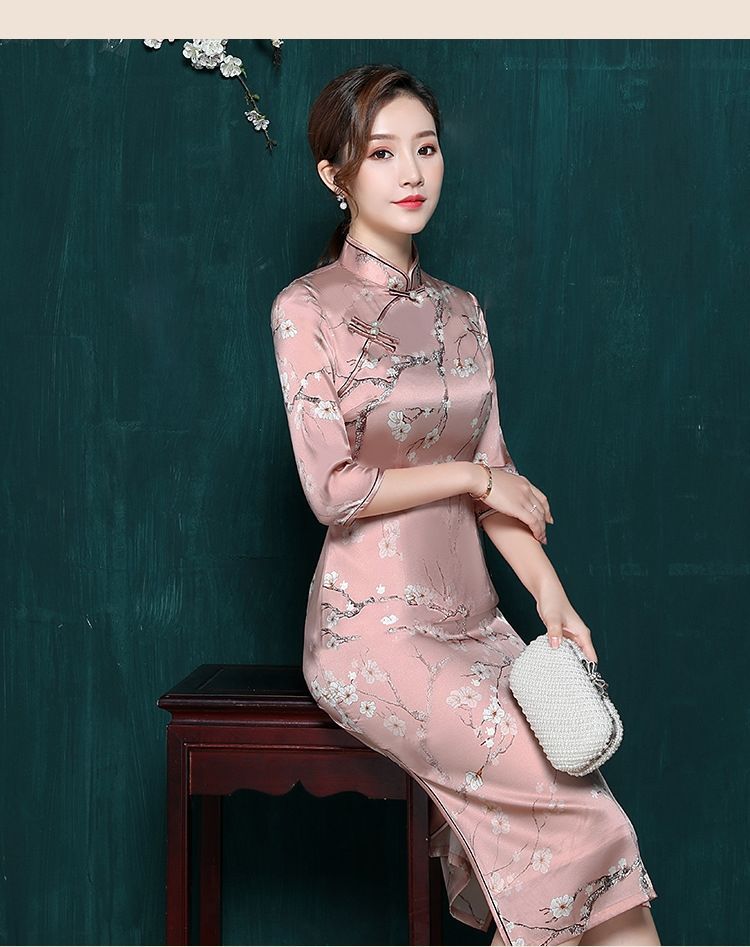 真丝旗袍桑蚕丝气质中长复古改良长袖少女裙优雅高档蚕丝旗袍裙