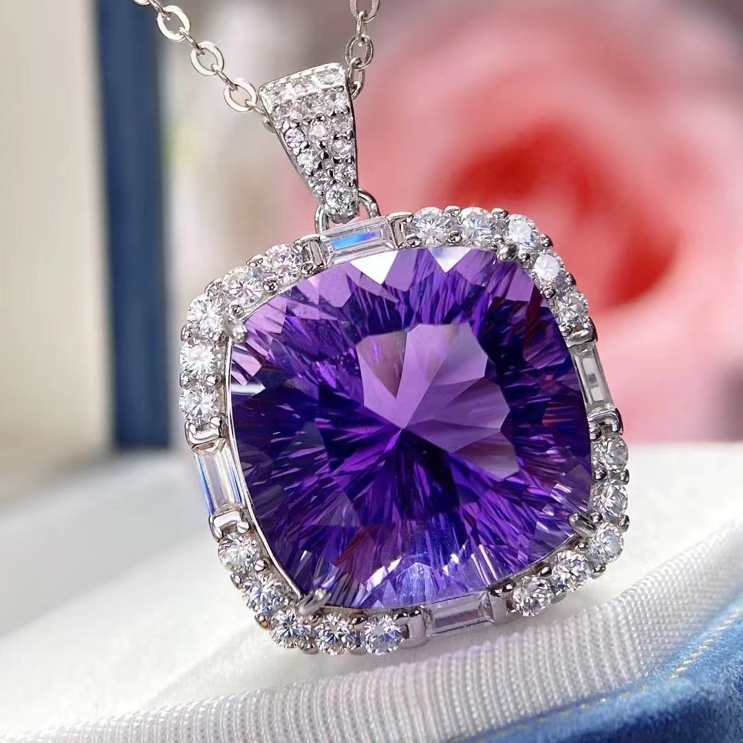 天然紫水晶项链女s925纯银方形千禧彩宝石吊坠高级感轻奢一件代发