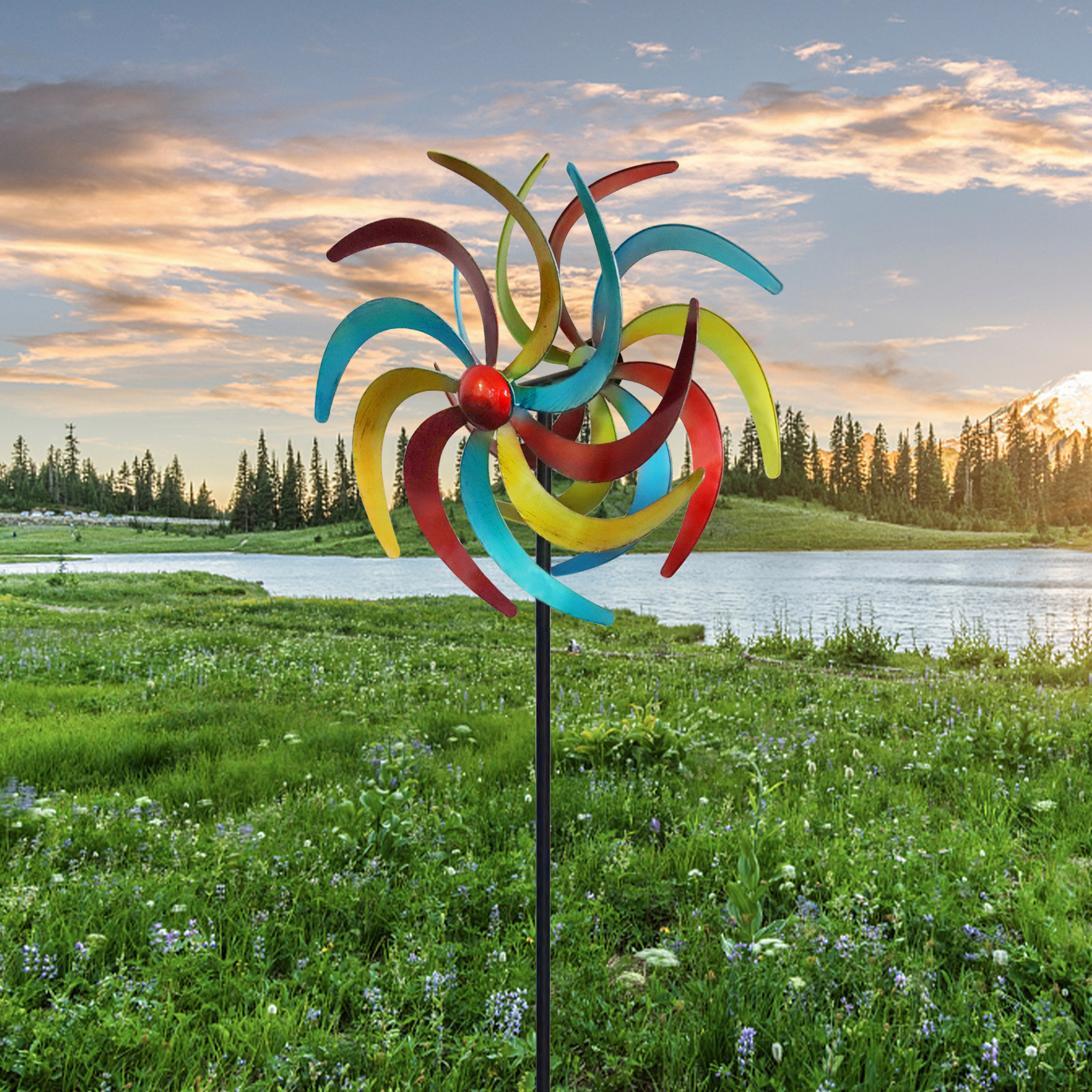 colorful wind spinner 金属铁艺风车旋转铁艺创意风车花园摆件