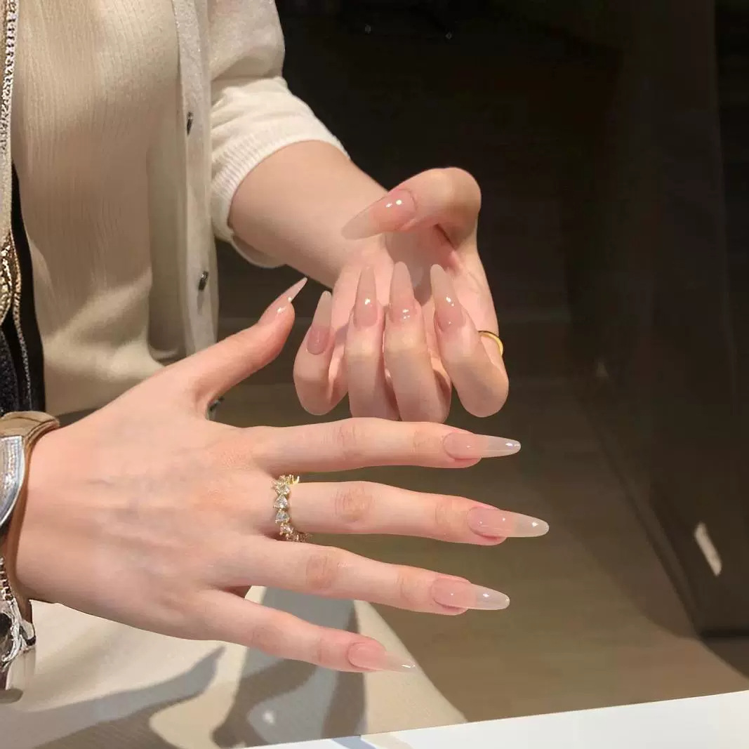 手工穿戴甲晕染冰透裸色纯色新娘美甲成品贴片假指甲持久可拆卸