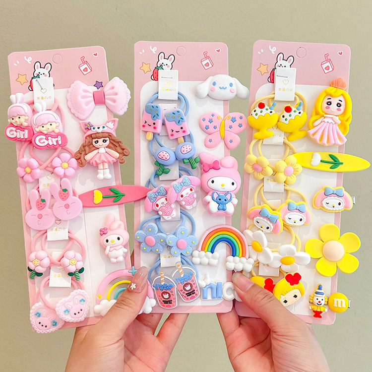 summer cartoon children‘s barrettes hair rope cute girls‘ hair ring princess hairpin set dopamine hair accessories stall