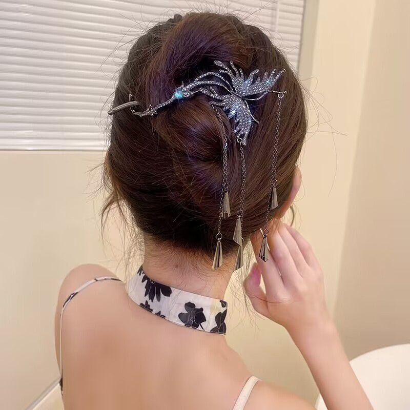 High-Grade Metal Butterfly Tassel Barrettes Women's Cold Style Special-Interest Design Antique Style Light Luxury Temperament Diamond-Embedded Banana Clip