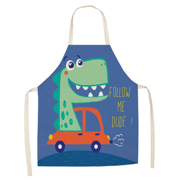 New Cartoon Dinosaur Apron Creative Couple Kitchen Cotton and Linen Apron Support Picture Can Be Set Factory Direct Sales