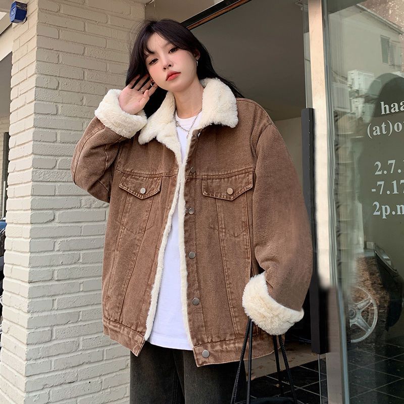 加绒加厚牛仔外套女2023冬装新款日系复古设计感羊羔绒棉衣棉服潮