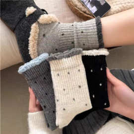 秋冬波点袜子女中筒棉袜韩版ins潮百搭花边袜保暖堆堆袜诸暨袜子