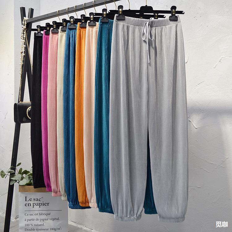 清仓2024春夏新款冰丝雪纺百褶裤女高腰垂感束脚灯笼裤薄款休闲裤