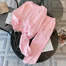 粉色圆领卫衣套装女秋2023新款时尚宽松洋气减龄休闲运动服两件套
