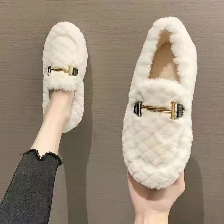 2023 Korean Style Loafers Women's Autumn and Winter Fleece-lined Warm Embroidered Cotton Shoes Fluffy Shoes Versatile Casual Shoes Slip-on