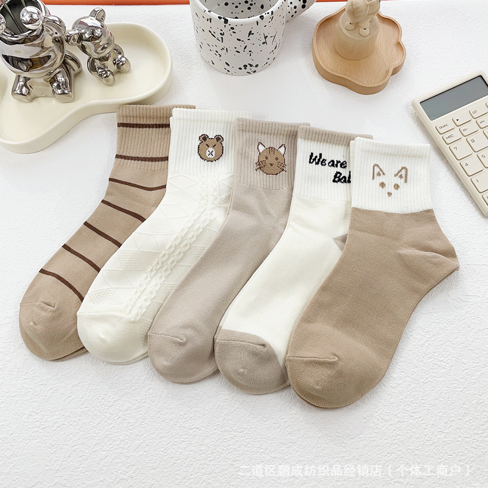 小熊中筒袜子女ins潮百搭日系可爱春秋韩版学生运动少女袜子-阿里巴巴