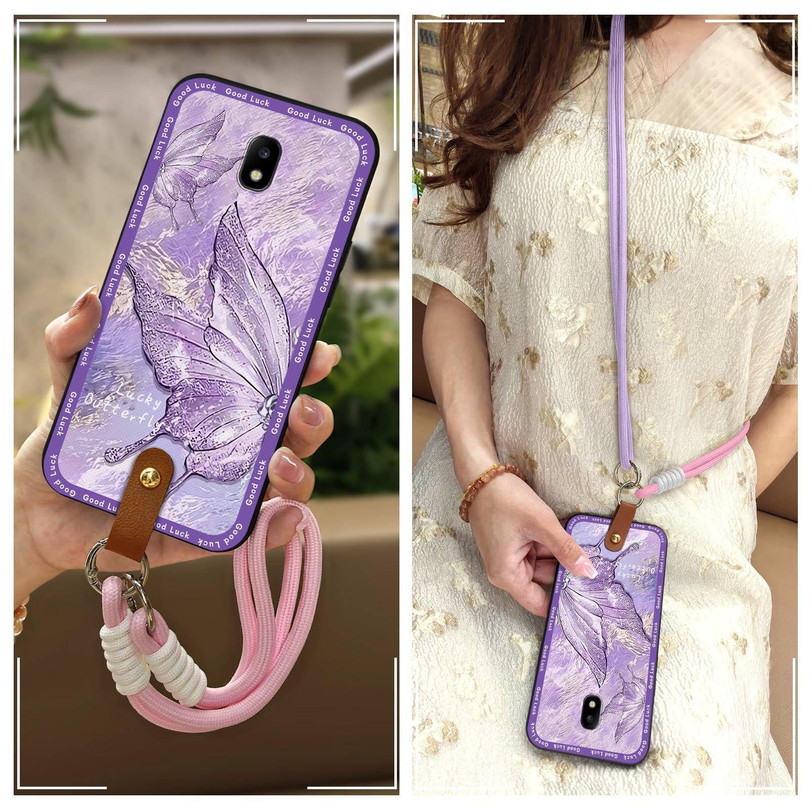 适用三星手机壳双色挂脖质感花朵挂绳软壳创意手提防尘爱心数码