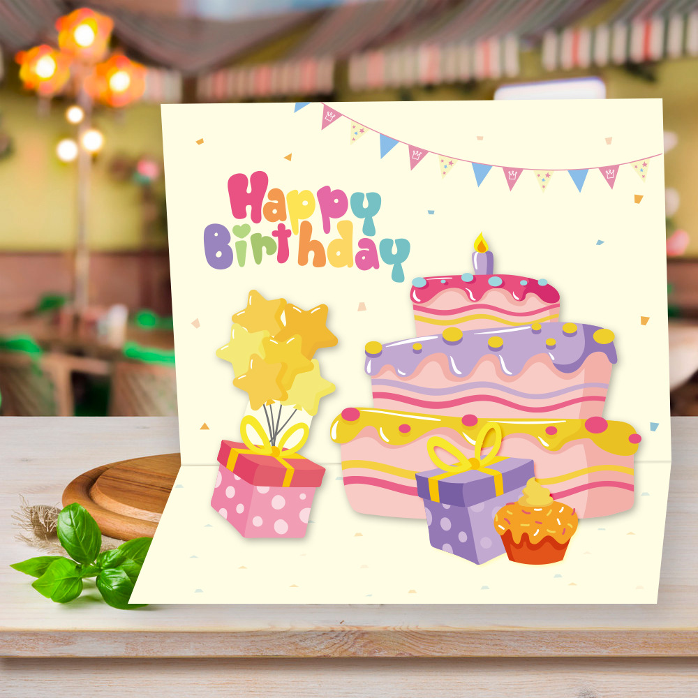新款ins立体生日蛋糕贺卡可爱创意折叠3d祝福diy手工礼物祝福卡片