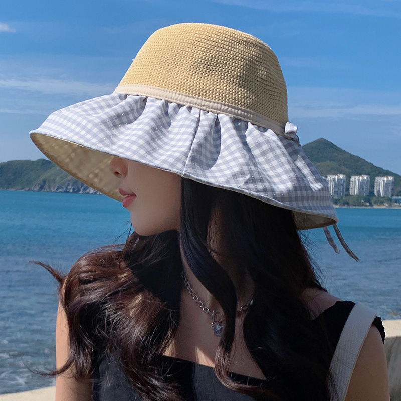 8179 Bucket Hat Women's Summer Korean Style Large Brim Plaid Sun Hat Bow Sun Hat Double Layer Sun-Proof Basin Hat