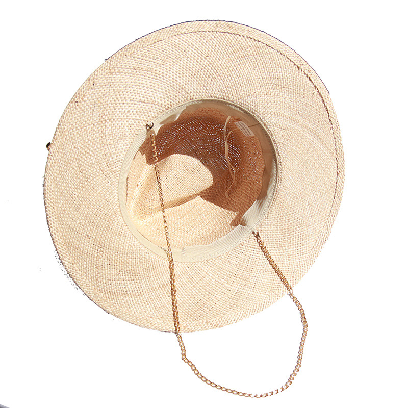 新款夏季金色链条宝草帽女士休闲巴拿马爵士帽度假遮阳帽外贸批发