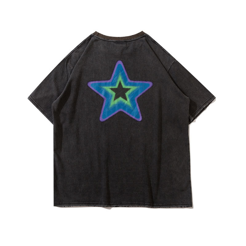 impass国潮夏新品五角星印花水洗做旧小众圆领vibe风高街情侣短袖