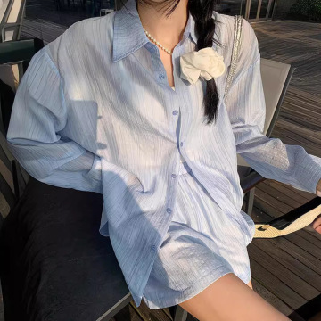 防晒长袖衬衫女夏季清爽浅色宽松衬衣阔腿短裤上衣时尚休闲套装白