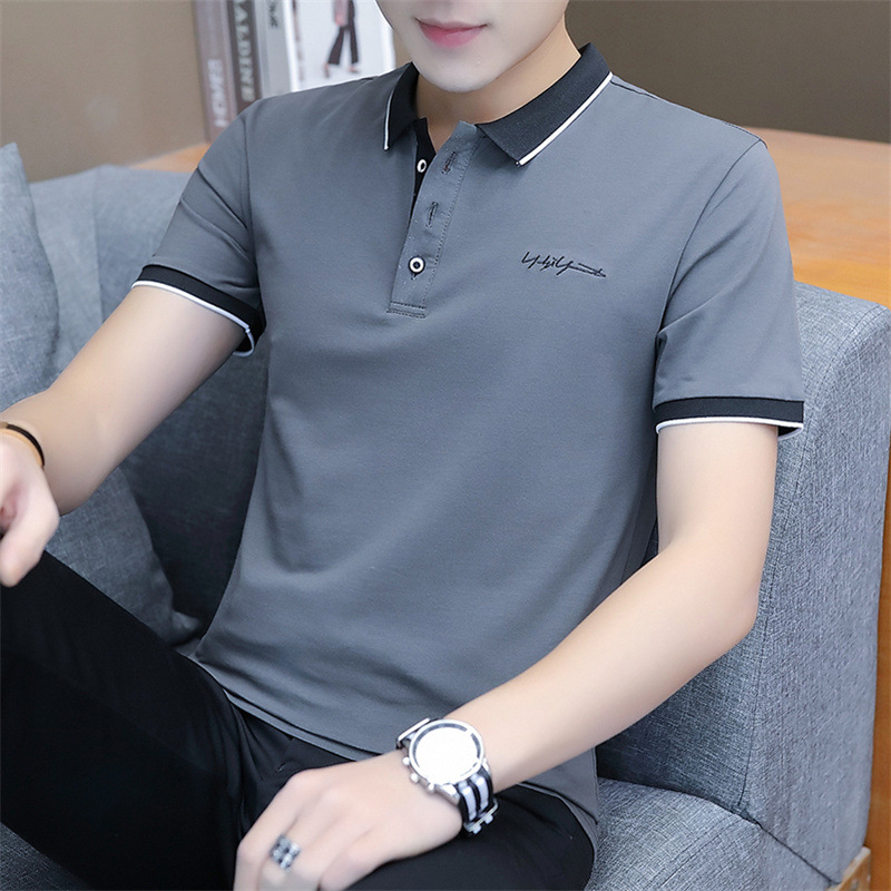 New Summer Lapels Cotton T-shirt Business Clothes Youth Middle-Aged Embroidered Top