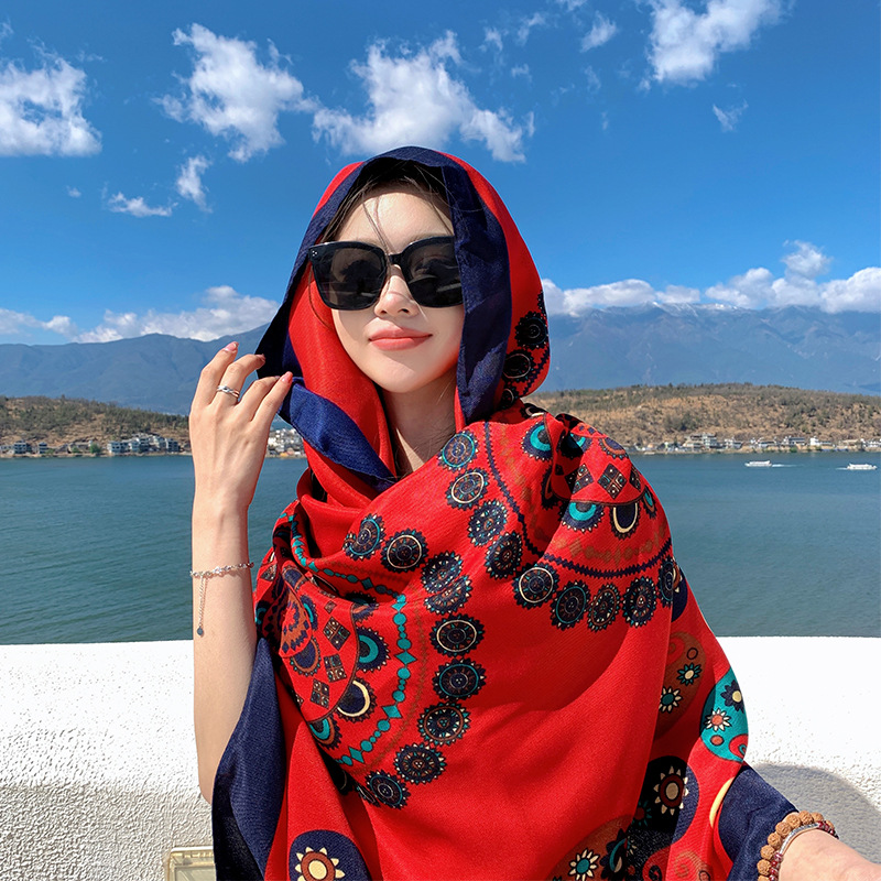 Summer Cotton and Linen Feel Scarf Travel Scarf Sun Protection Air-Conditioner Talma Women's Beach Scarf Ethnic Style Scarf