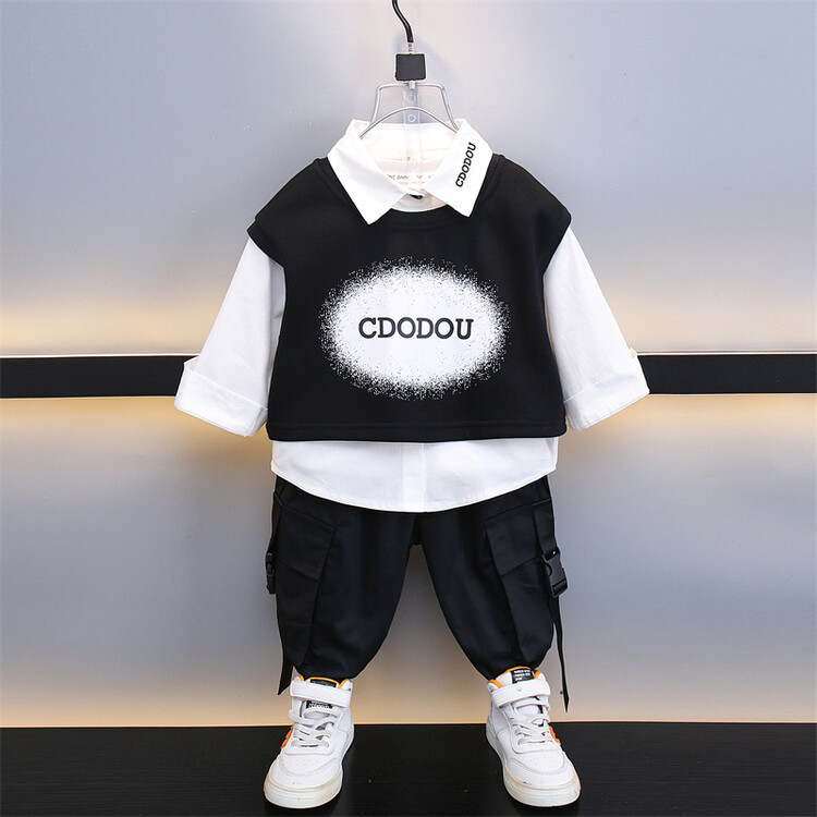 男童春秋装针织马甲三件套2024新款儿童帅气套装宝宝洋气衣服外贸