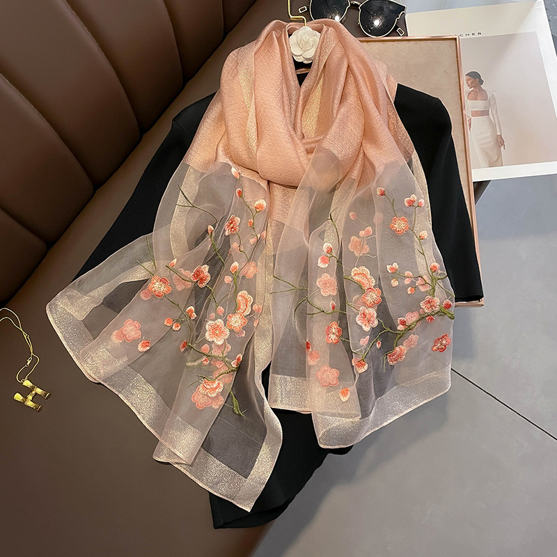 Chinese Style Peach Blossom Handmade Embroidery Silk Wool Scarf Women's Silk Scarf Warm Shawl Long Scarf to Give Mom