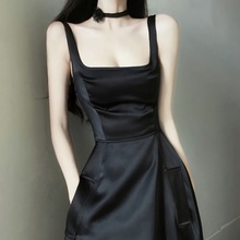 吊带小黑裙法式生日裙礼服性感黑色连衣裙晚礼服女一件代发