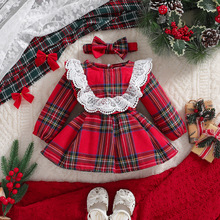 欧美圣诞节童装婴儿公主裙新款宝宝秋装长袖格子连衣裙可爱哈裙
