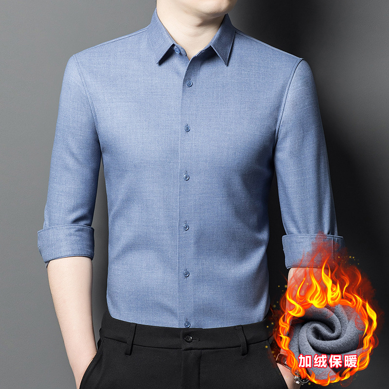 曼茨帛冬季新款中年男士加绒保暖衬衫商务男装翻领开衫休闲加厚衬