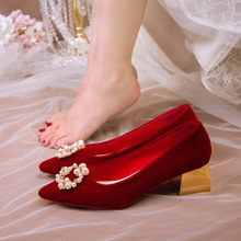 纯色秀禾鞋婚鞋礼服鞋女粗跟高跟鞋结婚新娘鞋珍珠单鞋伴娘鞋