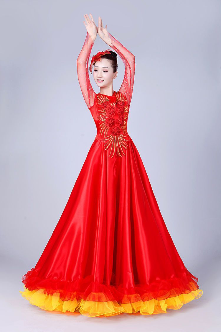 开场舞大摆裙女长裙大气中国风演出服大红新款歌伴舞蹈台表演服装