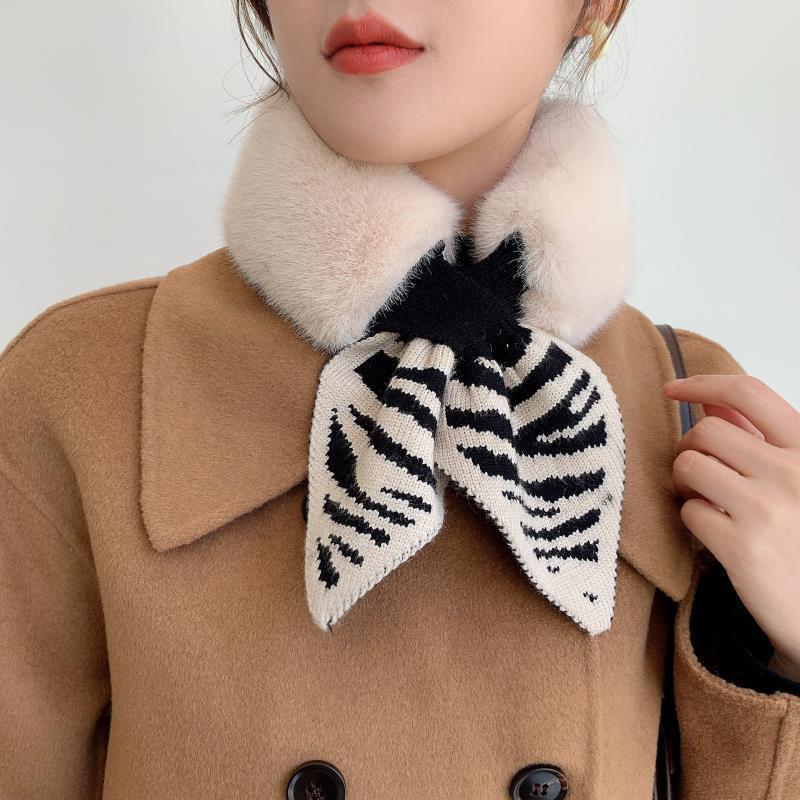 Autumn and Winter New Soft Thickened Knitting Houndstooth All-Matching Warm Scarf Imitate Rex Rabbit Fur Scarf Fake Collar Scarf