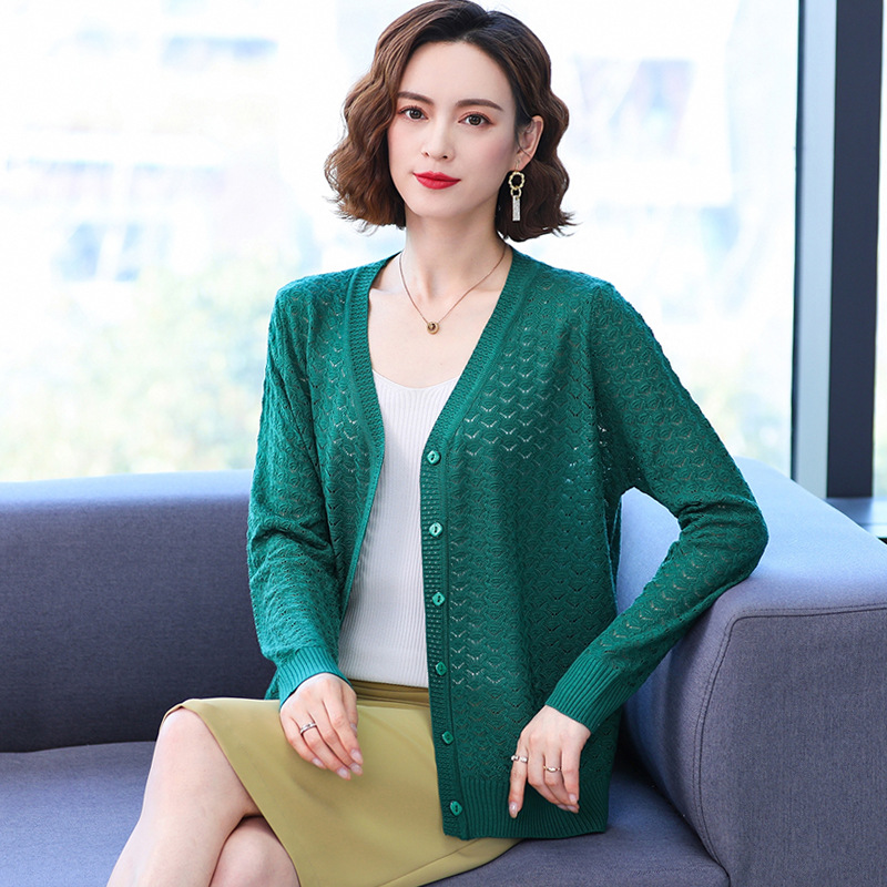 春夏季冰丝针织衫开衫妈妈外套长袖上衣薄短款中年人女装镂空外搭